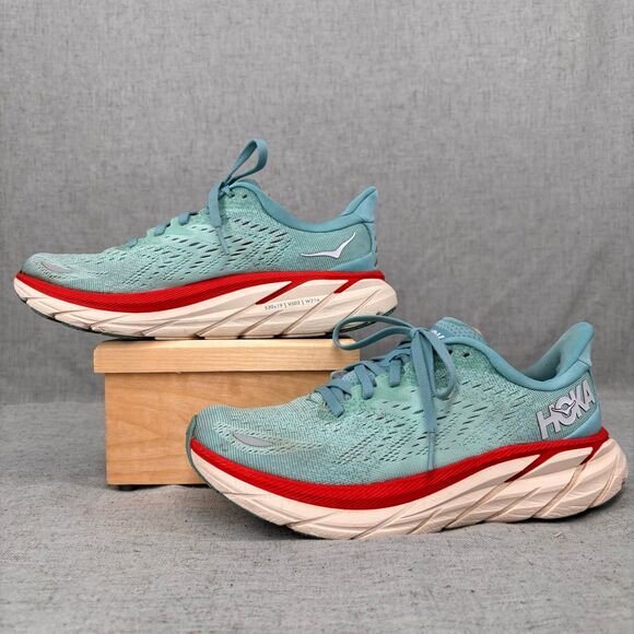 Hoka‎ One One Clifton 8 Shoes Blue & Red Mesh Running Lace Up Women's 7 - Picture 1 of 11